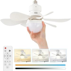 Ceiling Fan Light, Cordless Small Ceiling Fan Light with Remote, 3 Speed, Dimmable Led, 3000-6500K, E26 Base, Timer, Socket Extender, 6 White Blades (Medium)