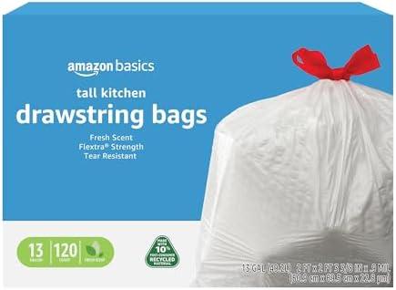 Amazon Basics 13 Gallon Tall Kitchen Drawstring Trash Bags, Flextra Strength, Clean Fresh Scent, Tear Resistant, 0.9 mil Thickness, 10% Post Consumer Recycled, 120 Count