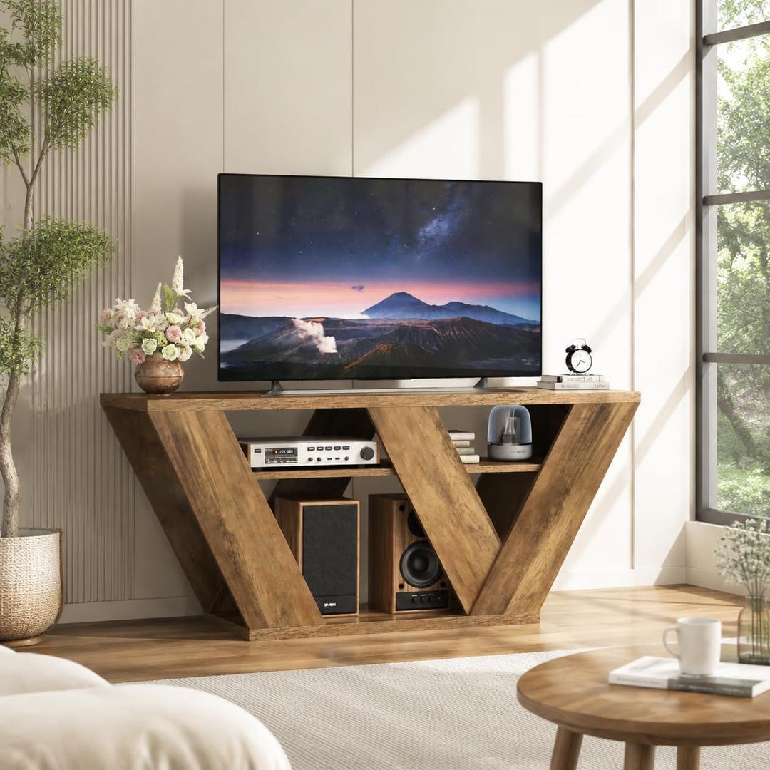 Modern Wooden TV Stand for TVs Up to 50 Inch, 43 Inches Media Console Table with Open Storage Shelves, Sturdy Wood Entertainment Center for Living Room, Easy Assembly (Brown), 11.81" W x 19.69" H x 43.31" D