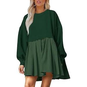 Dokuritu Sweatshirt Dress Women Crew Neck Long Sleeve Patchwork Pullover Tops Flowy Oversized Sweatshirt Mini Dress Green, L