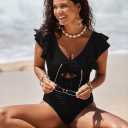 Sovoyontee Women's Ruffle One Piece Swimsuit Tummy Control Bathing Suits Drawstring Cutout V Neck Swimwear (Black, S)