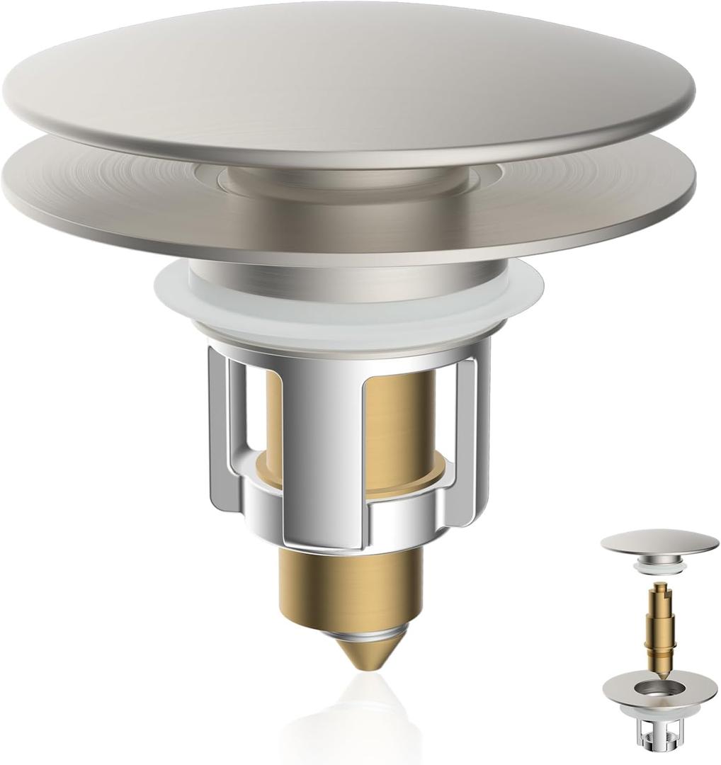 iFealClear Universal Bathroom Sink Stopper, Metal Pop Up Sink Drain Strainer with Hair Catcher Basket, Fit 1.1"-2.36" US Basin, Wash Basin Drain Plug, Big Cover Cap, Brass Bounce Core, Brushed Nickel