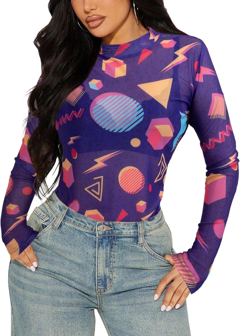 80s 90s Mesh Long Sleeve Shirt Women 90s 80s Themed Party Outfits Retro Sexy Neon Disco See Through Mock Neck Tops (XL)