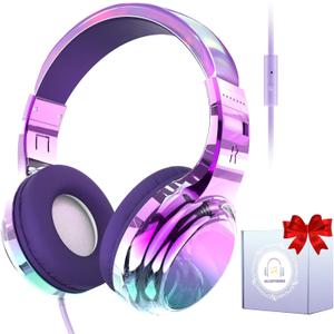 QearFun Headphones for Girls Kids for School,Cool Kids Wired Headphones with Microphone&3.5mm Jack,Teens Noise Cancelling Headphone with Adjustable Headband for Tablet/Smartphones-Gradient Deep purple