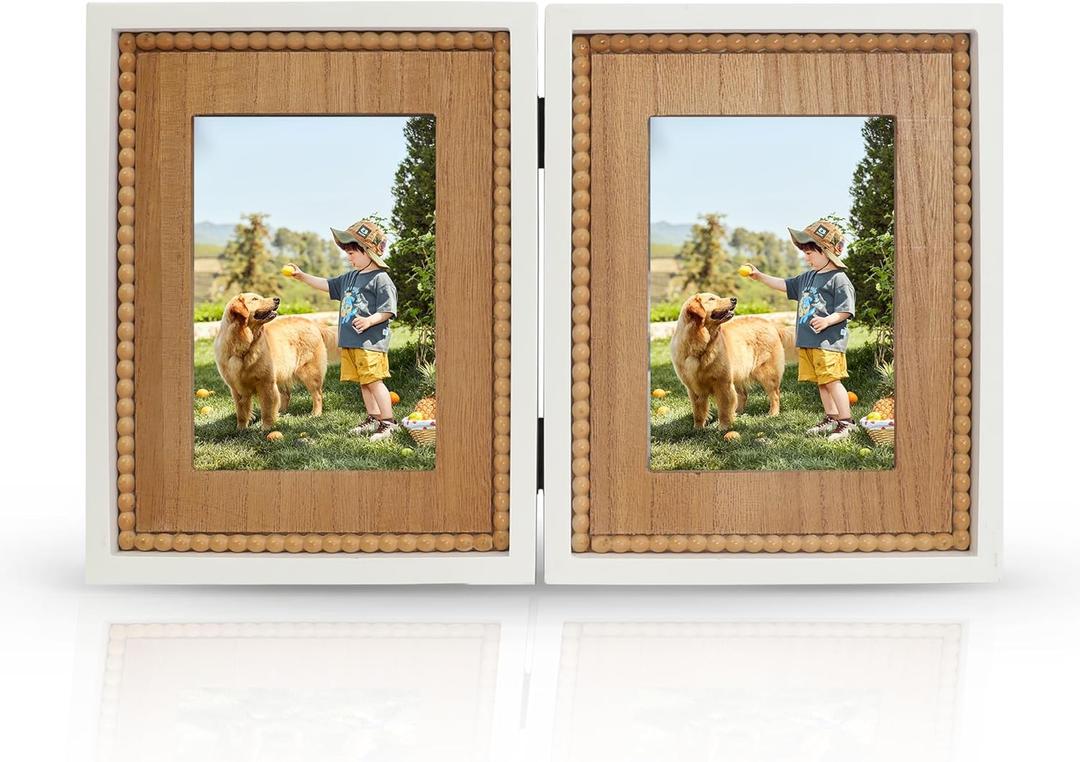 RiteSune Rustic 2 Picture Frame 5X7 Distressed Photo Frames with Beads for Tabletop Display, Vintage Picture College Frame for Present (boho 5X7 White)