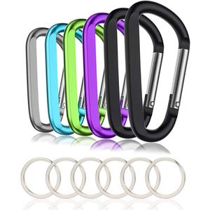 6PCS Black Carabiner Caribeaner Clip,3" Large Aluminum D Ring Shape Carabeaner with 6PCS Keyring Keychain Hook (Multi-color)