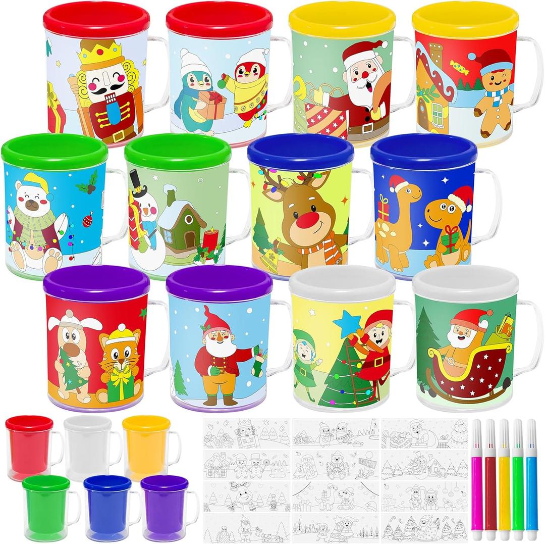 Cinrobiye 12 Set Operation Christmas Bulk Christmas Coloring Cup Color Your Own Mug 8oz Personalized Mugs with Handle Xmas DIY Cups for Home School Activities Holiday Party Favors Supplies Gifts