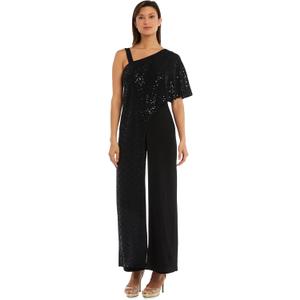R&M Richards Women's Sparkling One-Shoulder Sequin Overlay Jumpsuit W/Hidden Strap & Wide Legs (14W, Black)