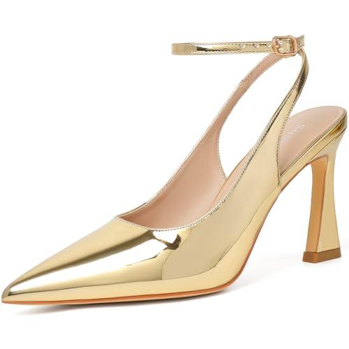 Susanny Womens Gold Slingback Closed Toe Ankle Strap High Heels Pointed Toe Pumps Comfortable Stiletto Sexy Buckle Strappy Dressy Shoes for Wedding Bridal Party Work 8.5