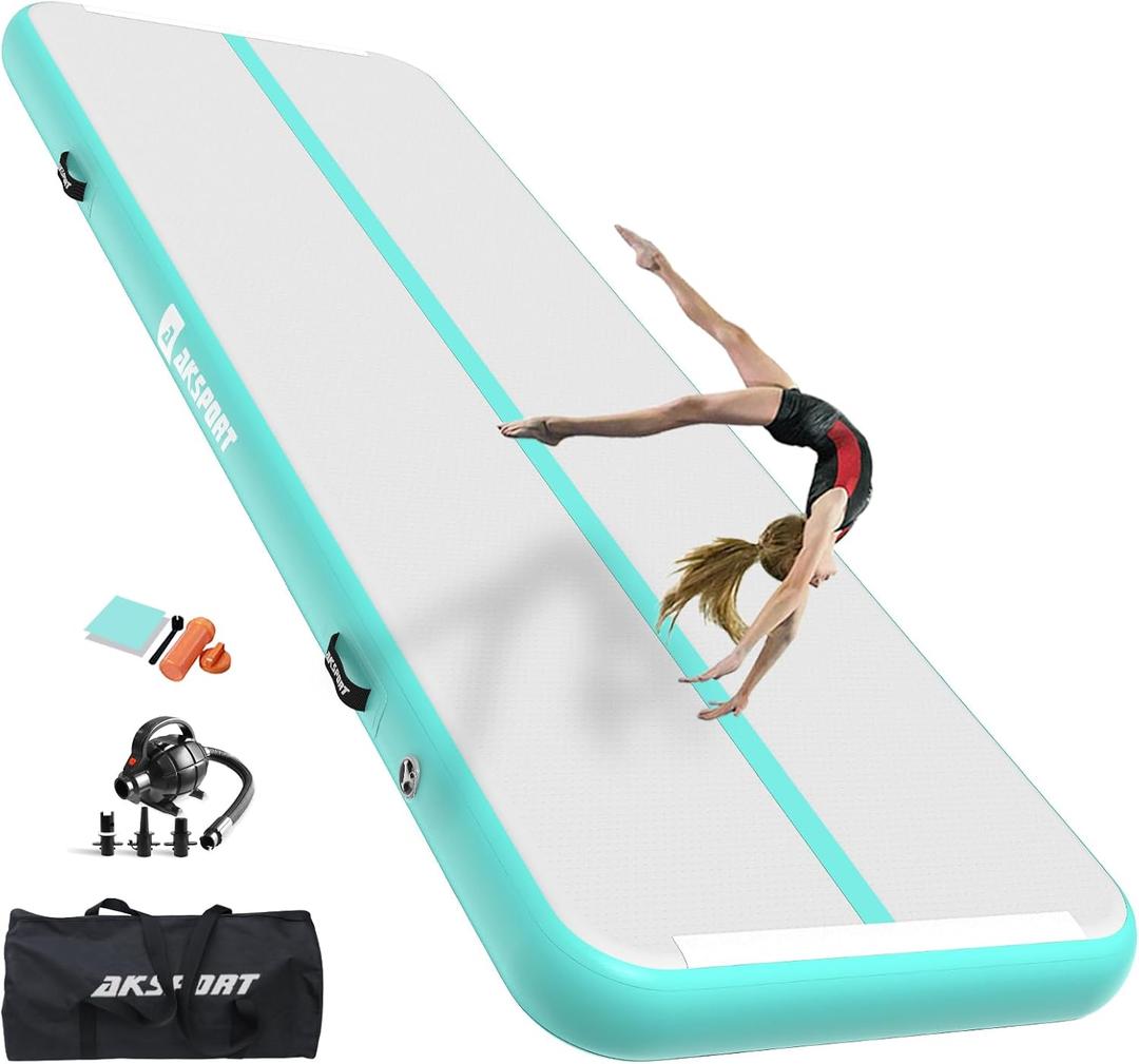 AKSPORT Gymnastics Air Mat Tumble Track Tumbling Mat Inflatable Floor Mats with Air Pump for Home Use/Tumble/Gym/Training/Cheerleading/Parkour/Beach/Park/Water (6.56ftx3.3ftx4inch, Mint Green)