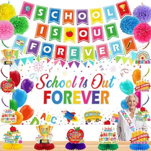42 Pcs Happy Teacher Retirement Decorations Retirement Banner Backdrop Hanging Swirls Paper Pompoms Honeycomb Centerpieces School's out Decor for Retired Farewell Party Supplies