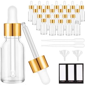 PrettyCare Glass Eye Dropper Bottles 24 Pack, 0.5oz (15ml) Clear Empty Thick Bottles Bulk with Leakproof Golden Caps - With Labels & Funnels for Storage, Travel, Essential Oils, Cuticle, Tinctures