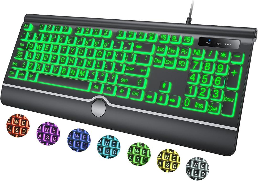 Large Print Backlit Computer Keyboard, 7-Color Backlit Keyboard with Wrist Rest, USB Plug-and-Play, Oversized Letters Keys Easy to See and Type, Wired Light Up Keyboards for Laptop, PC, Gaming
