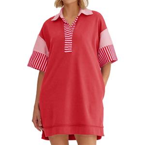 Wenrine Women's Polo V Neck T Shirt Dress Casual Summer Oversized Color Block Short Sleeve Sweatshirt Mini Dresses (L)