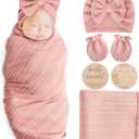 AQOKKA Newborn Receiving Blanket with Bow Hat Mittens Wooden Card Set Wheat-Pattern Newborns Toddler Baby Boy Girl Nursery Swaddle Wrap