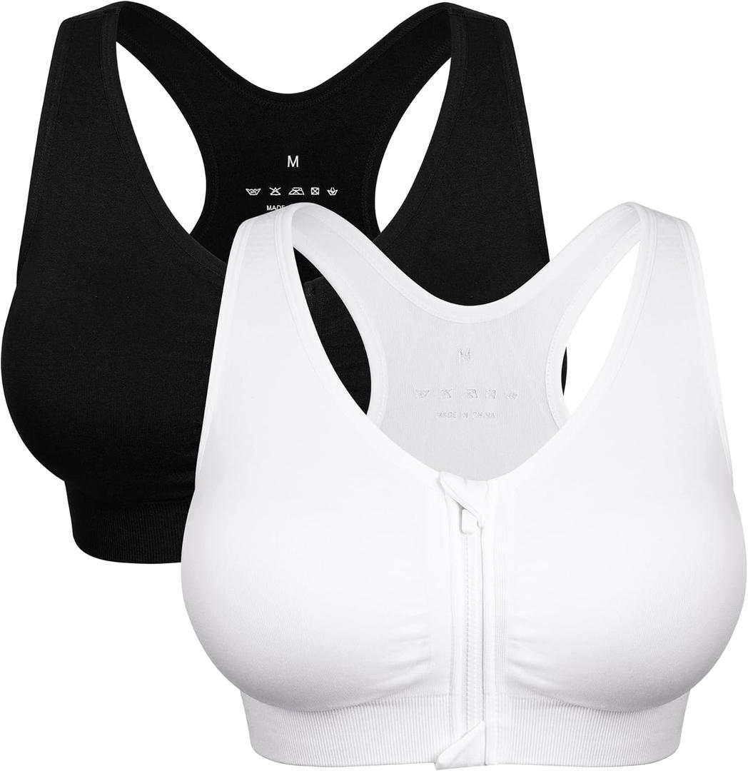 Women's Zip Front Sports Bra Wireless Post-Surgery Bra Active Yoga Sports Bras (Large, Black+white-2 Pack)