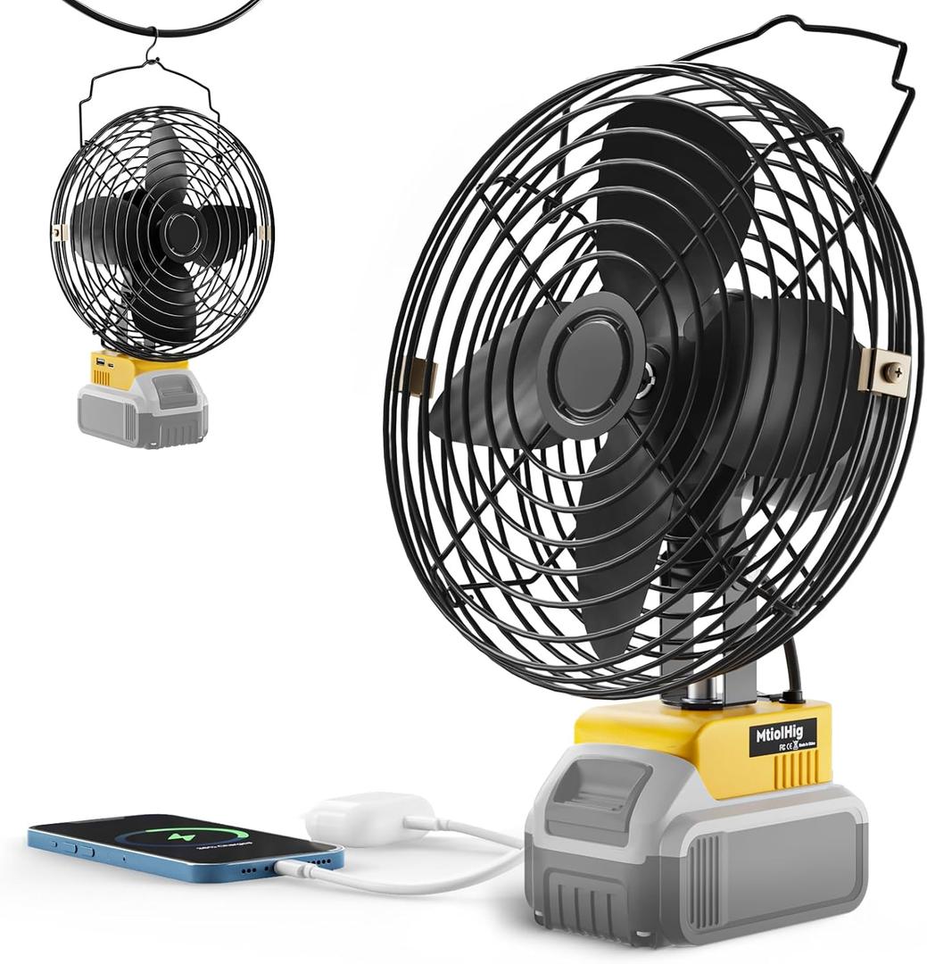 Battery Powered Fan Portable for Dewalt 20v Max Battery, 21W 3000RPM Cordless Jobsite Fan with USB&Type-C Charging Port, Travel, Construction Site, Workshop, 8 inch Enlarged Size, Tool Only