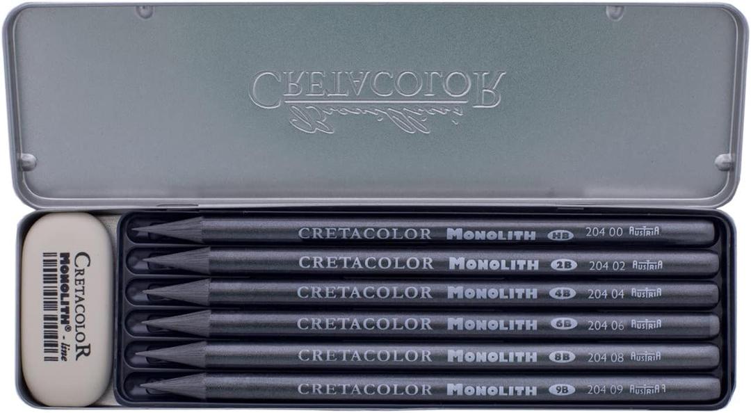 CRETACOLOR Monolith Graphite 6-Piece Set & Eraser, Set of 6  - Graphite & Eraser, Tin Box, Gray