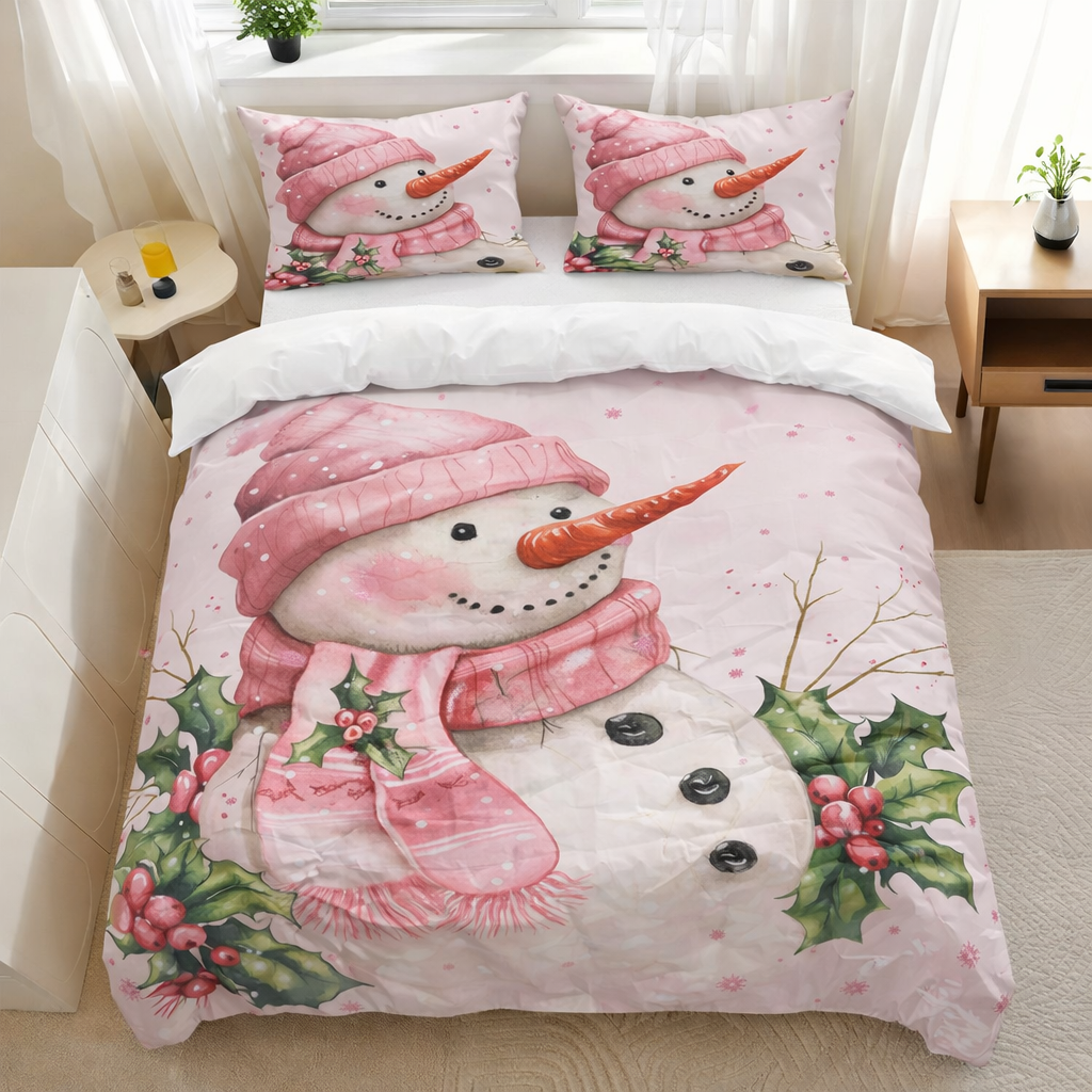 Pink Snowman Comforter Set, Winter Christmas Bedding Set 3 Pcs for Kids Girls Boys Teens Room Decor, Watercolor Cartoon Snowman Quilt Set, Soft Holiday Duvet Insert, 1 Blanket (68x90 in) + 2 Pillowcases (18x28 in)