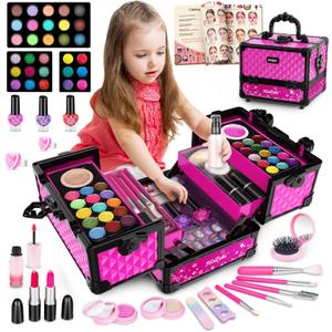 Hollyhi 59 Pcs Kids Makeup Kit for Girl, Washable Play Makeup Toys Set for Dress Up, Pretend Beauty Vanity Set with Cosmetic Case Birthday Toys for Girls 3 4 5 6 7 8 9 10 11 12 Years Old Kids Toddlers