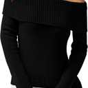 PRETTYGARDEN Off The Shoulder Sweater for Women 2025 Fall Fashion Cute Long Sleeve Tops Winter Ribbed Pullover Knit Outfits (X-Large, Black)
