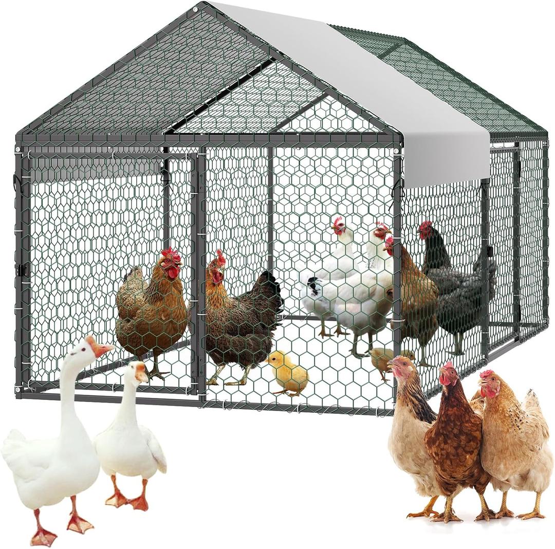 VEVOR Metal Chicken Coop for 4-6 Chickens, 3.3 x 6.6 x 3.3 ft, Small Chicken Cage with Waterproof Cover & Double Doors, Spire Roof Poultry Run Compatible with Wooden Coops, for Rabbit Hen Goose Duck