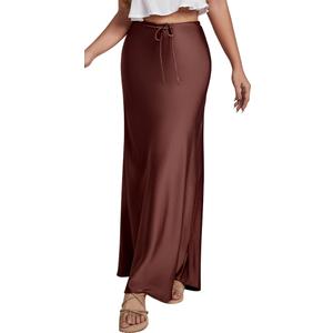 FEOYA Women’s Satin Silky Maxi Skirt High Waist A Line Elegant Flowy Mermaid Hem Drawstring Wedding Party Club Spring Skirt Chocolate Brown (L)