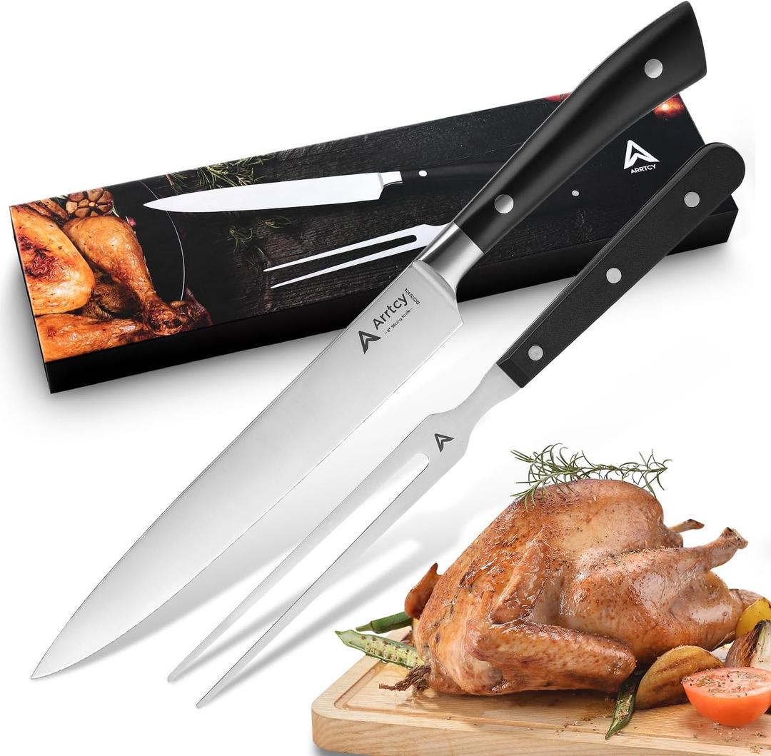 Arrtcy Turkey Carving Set,Full Tang Ergonomic Handle Carving Knife and Fork,German Stainless Steel Kitchen Tools for Turkey, Ham, BBQ,Includes Carving Fork & Knife with Gift Box