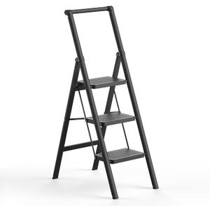 3 Step Ladder, Slim Folding Steps Stool with Handrail, Iron Foldable Black Ladder with Anti-Slip Wide Pedal, for Home, Kitchen, Office, Garage Use (300 lbs Capacity)