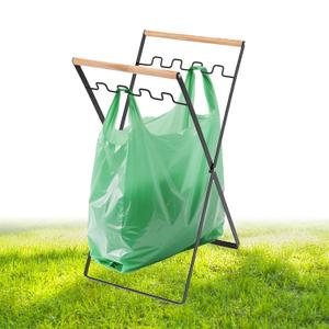 Foldable Trash Bag Holder for Camping, Heavy Duty 15 Gallon Outdoor Garbage Can Stand , No Assembly Iron Construction, Holds 4 Plastic Grocery Bags, Portable Wood Handle for Picnic, Beach, Party,BBQ