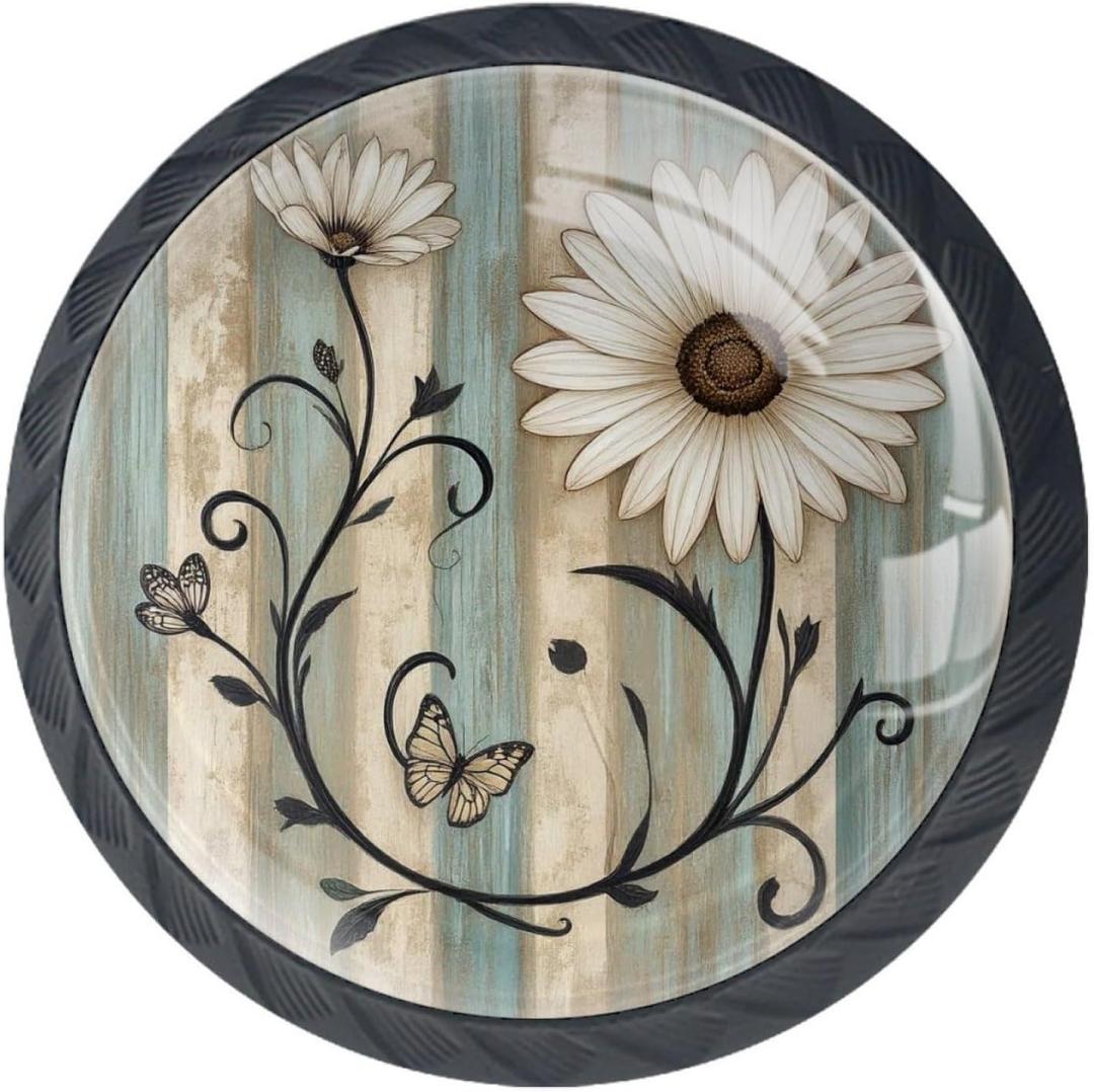 4 Pcs 1.37" Round Cabinet Knobs Flowers on Vintage Wooden Boards Kitchen Cupboard Knob Black Drawer Hardware Pulls Dresser Handle with Screws Furniture Decoration
