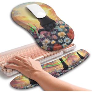 Hokafenle 2in1 Combination, Wave Keyboard Wrist Rest and Ergonomic Curvature Mouse Pad Wrist Support for Relieve Wrist Pain, Filled with Soft Cushion Memory Foam, Wishing Cat