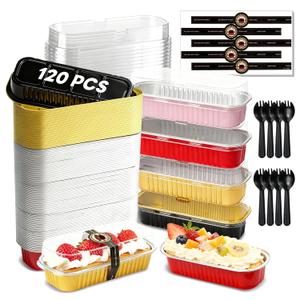 YQER 120 Pack Mini Loaf Pans with Lids and Spoons, 4-Color Assorted Aluminum Foil Baking Cake Tins (Black, Pink, Red, Yellow) - 6.8oz Disposable Mini Cake Pans for Baking, Gifting & Parties