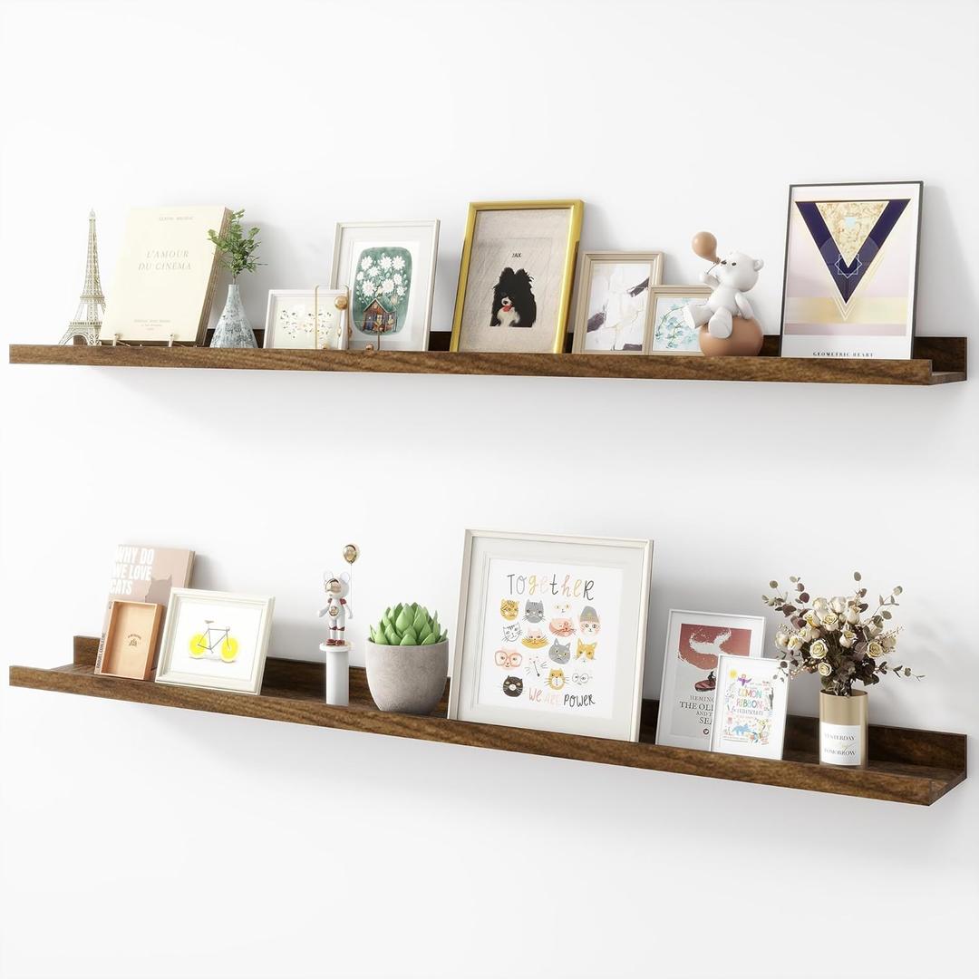 Acovy Picture Ledge Shelf, Wood Long Floating Shelves for Wall, Set of 2, 48 inch Picture Ledge Shelves, Photo Ledge Nursery Book Shelves Wall Mounted for Living Room Kids' Room Bedroom, Color Walnut