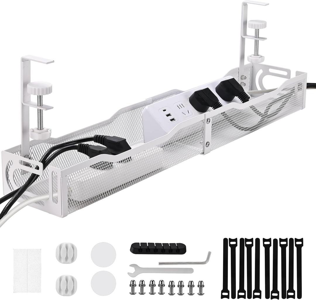 Under Desk Cable Management Box 25.3 Inch  Clamp-Mounted Cable Organizer Tray, Large Cord Management Box for Office & Home, Wire Organizer Under Desk Storage, White
