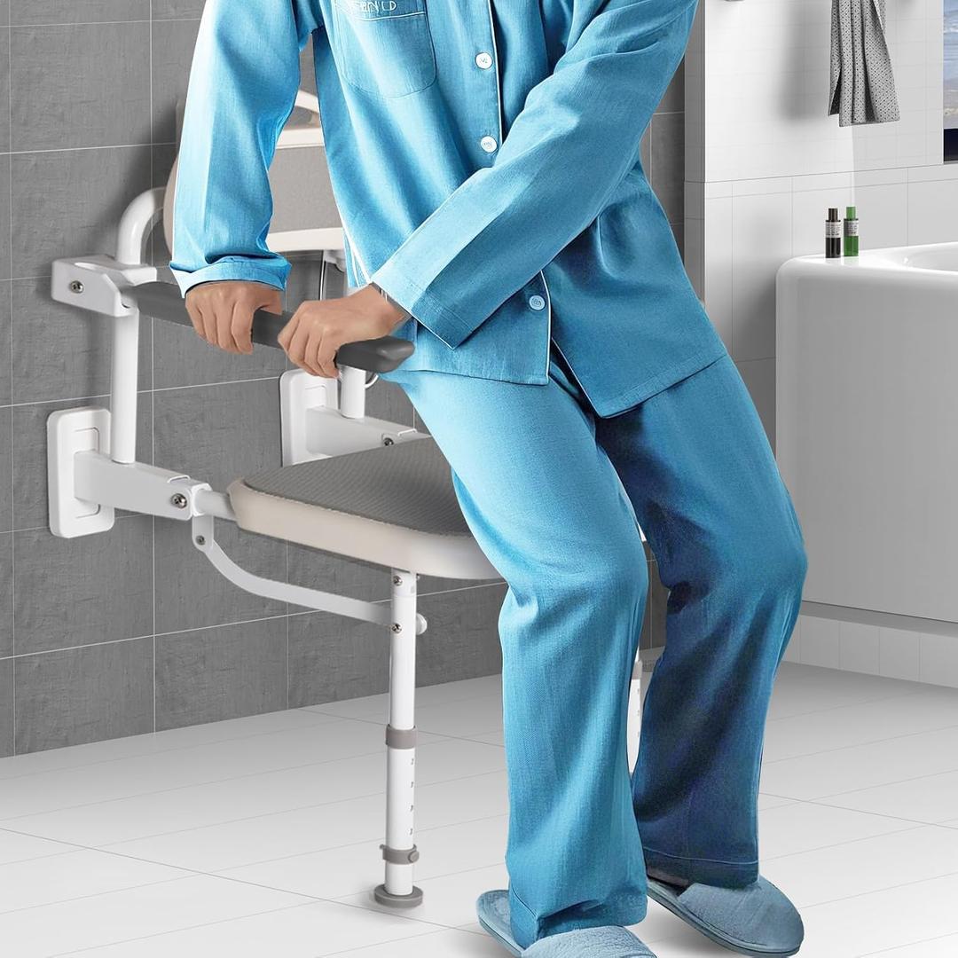 NEWTRY 18 Folding Shower Seat Wall Mounted, 330lb Fold Down Shower Seat with Armrests & Back, Foldable Shower Chair for Home Care Seniors Disabled, Padded Seat and Back, for Bathroom Inside Shower