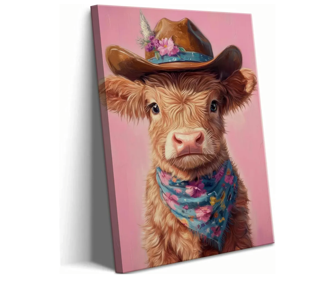 Cute Highland Cow Baby Canvas Wall Art Cowboy Baby Calf Pink Western Wall Decor Picture Trendy Preppy Aesthetic Poster Print Eclectic Funky Girly Bedroom Decoration 12x16in, Pack Of 2