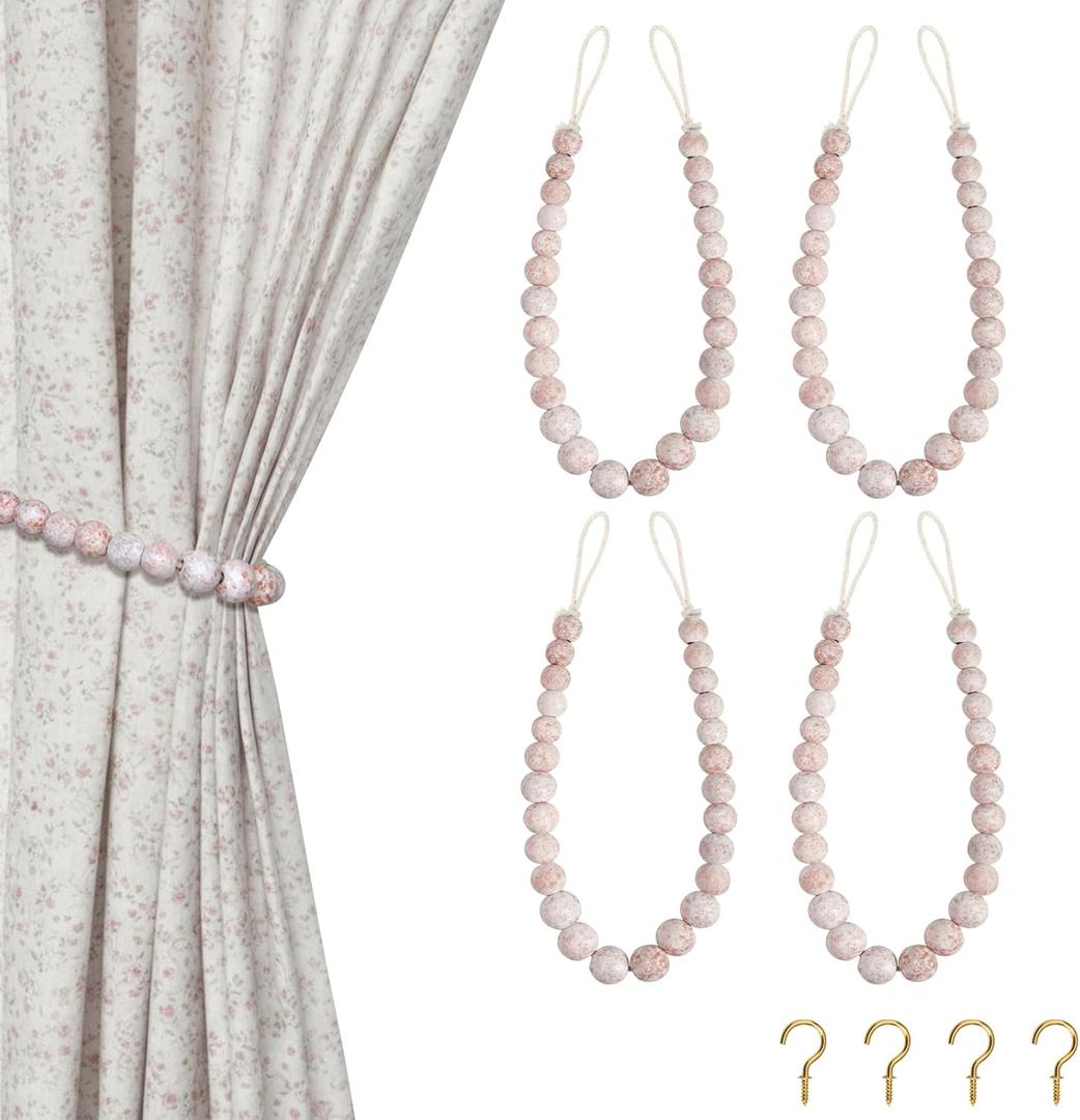 Hion 4 Pcs Boho Curtain Tiebacks,Wood Beads Curtain Holdbacks,Outdoor Farmhouse Tie Backs for Curtains, Curtain Holders for Drapes Home Office Decor with Hooks(White Washed)
