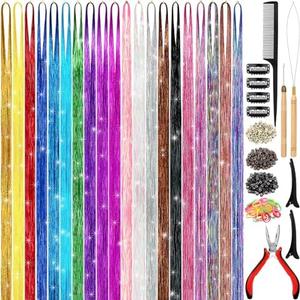 GrennMauler Hair Tinsel Kit (48 Inch, 20 Colors, 4800 strands), Tinsel Hair Extensions with Tools， Heat Resistant Fairy Hair Tinsel Kit for Women Girls Hair Accessories