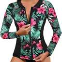 LURANEE Women's Zip Up Rash Guards for Women Long Sleeve Swimsuit UV Sun Protection Swim Shirts, 2XL