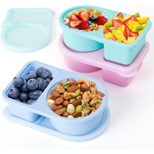 3 Pack Reusable Silicone Snack Containers with Lids, 8.5 OZ Double Compartment Snackle Box for Kids, Leakproof Small Snack Packs Container for Salad Dressing, School, Office, Travel, Picnic (Blue, Pink, Light Green)