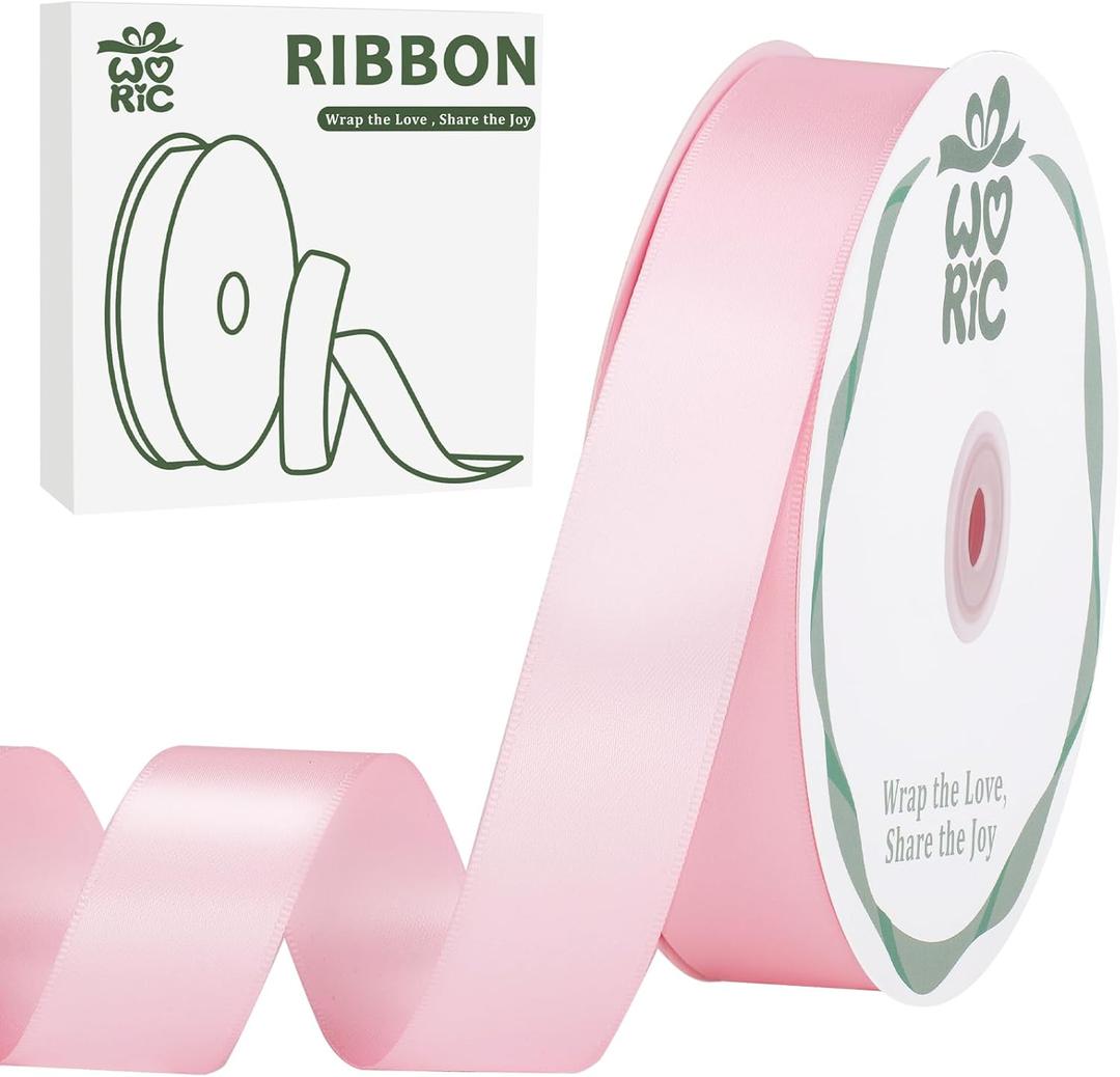 woric Double Faced Light Pink Ribbon 1 inch 60 Yards Baby Pink Satin Ribbon for Flower Bouquet Mothers Day Graduation Leis Crafts Gift Wrapping Hair Bows Wedding Bridal Shower Party Decor