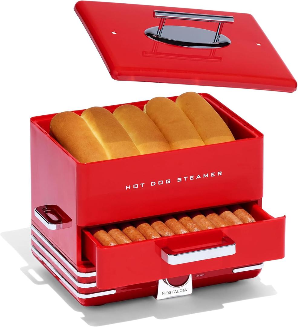 Nostalgia Extra Large Diner-Style Steamer 20 Hot Dogs and 6 Bun Capacity, Perfect for Breakfast Sausages, Brats, Vegetables, Fish
