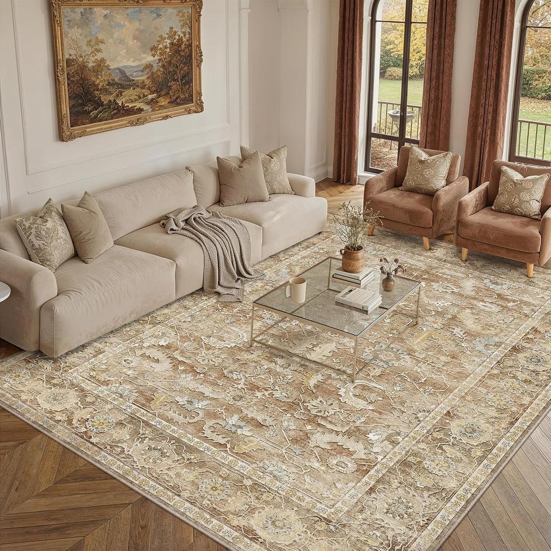 6x9 Area Rug for Living Room Washable 6x9 Rug Non-Slip Vintage Distressed Print Rug for Bedroom, Ultra-Thin Indoor Carpet for Home Decor Office Beige Brown