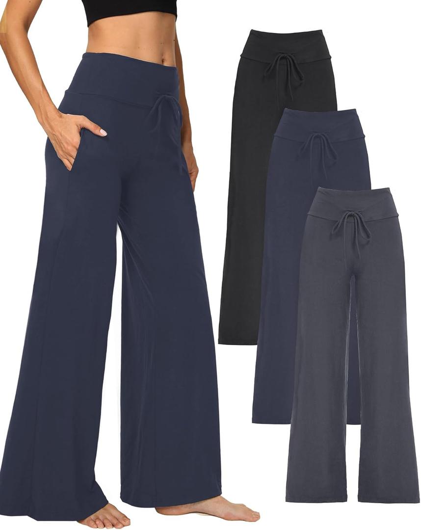 3 Pack Wide Leg Yoga Pants for Women, Comfy Lounge Pajama Sweatpants Loose Causal Palazzo with Pockets (Small, Black/ Dark Grey/ Navy Blue)