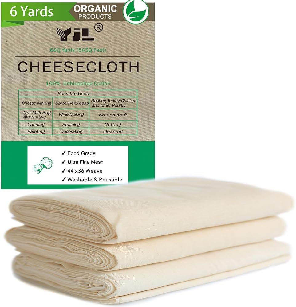YJL Cheesecloth for Straining, 54 Sq Feet, 100% Organic Cotton Unbleached Cheese cloth, Ultra Fine Reusable Cheese cloths | 6 Yards Straining Cloth for Cooking | Straining | Canning | Steaming