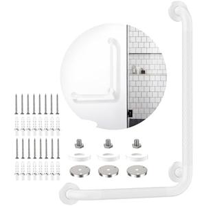 White Angled Grab Bar 12x16 Inch, iHansee Anti-Slip Bathroom Safety Bar w/Knurled Grip, Wall Mounted L-Shaped Shower Handle for Elderly Senior Handicap, Toilet Bathtub Balance Support Handrail