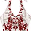 OYOANGLE Women's Floral Boho Summer Halter Crop Tops Embroidery Vacation Tank Top Tie Backless Vintage Going Out Tops,  XL