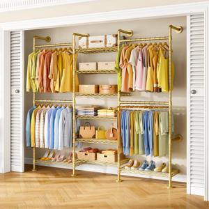 ULIFHOME M6 Clothes Rack for Wall Mounted, Heavy Duty Closet Wardrobe System with 8 Shelves and 4 Hanger Rods, 68.5" W x 11.8" D x 86.6" H Clothing Storage Organizer for Holding 1064lbs, Gold