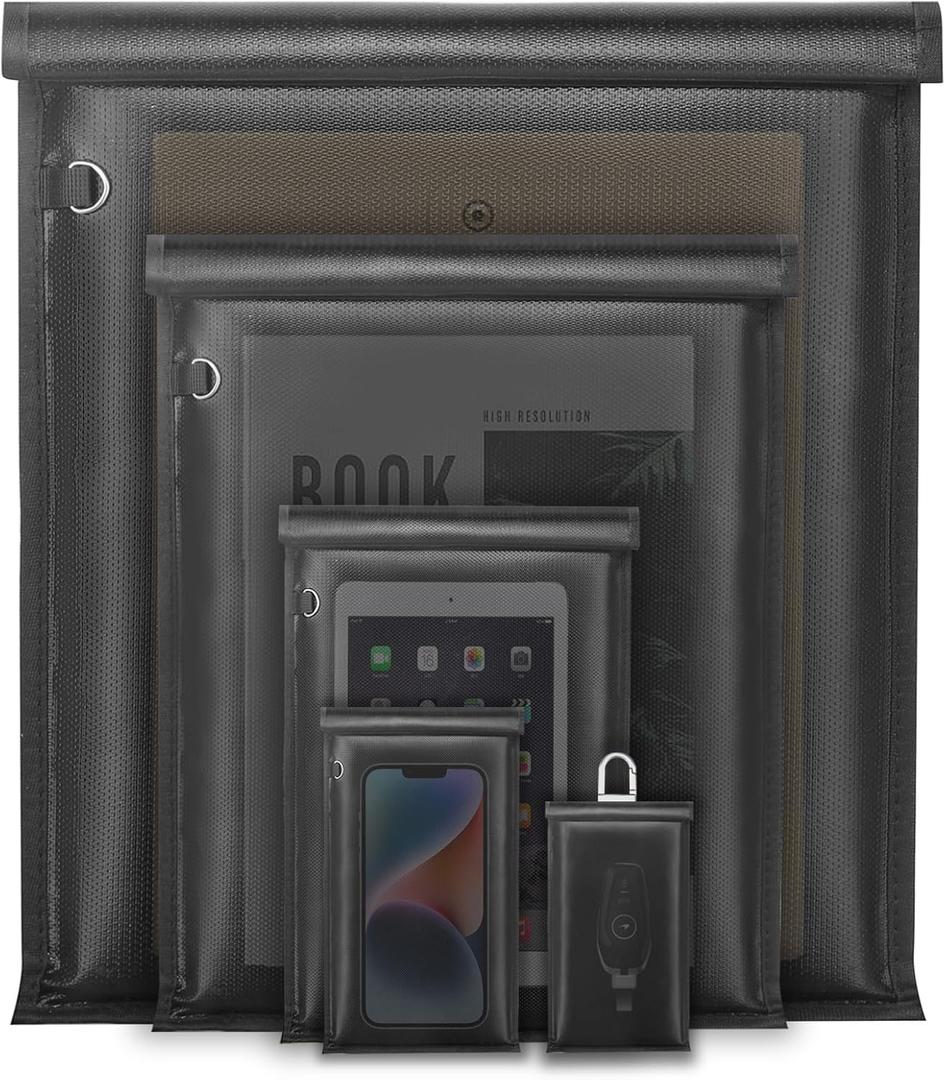 yaokvide Large Faraday Bags - 5 Pack Faraday Cages for Laptops & Tablets & Phones & Car Keys, Faraday Key Fob Protector, Fireproof & Waterproof Anti-theft Signal Blocking Pouch (5 Pack without Reflective Strip)